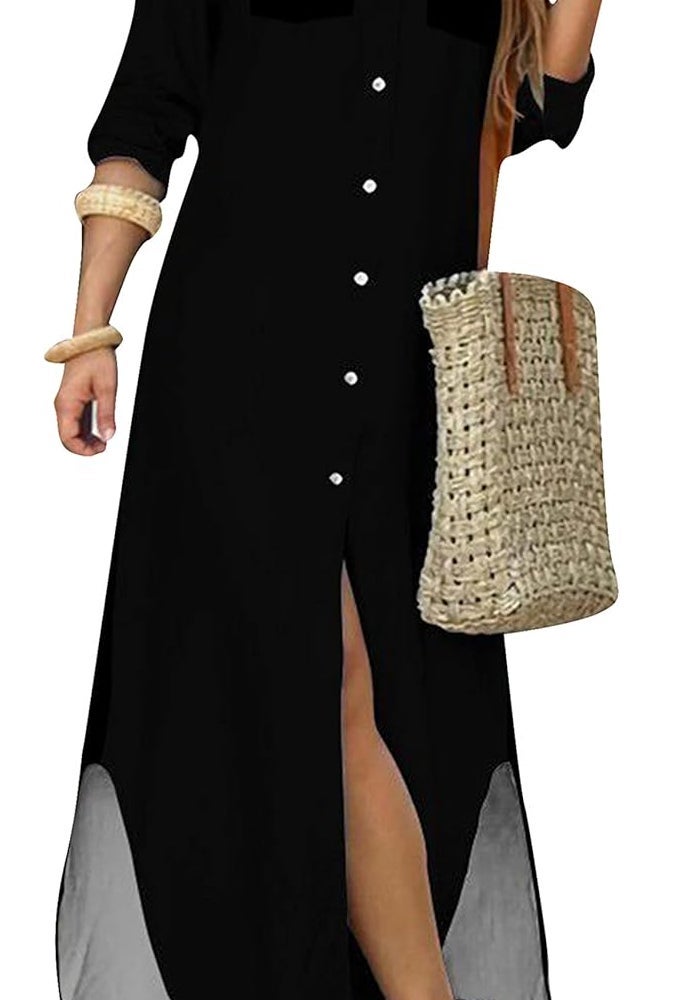 Women's Casual Black Maxi Dress with Button Down and Side Slit