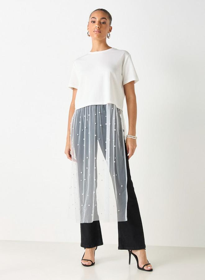 2Xtremz Pearl Embellished Crew Neck Top with Mesh Overlay - Image 2