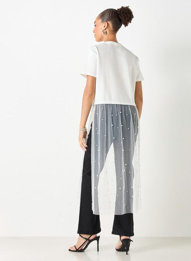 2Xtremz Pearl Embellished Crew Neck Top with Mesh Overlay - Image 3