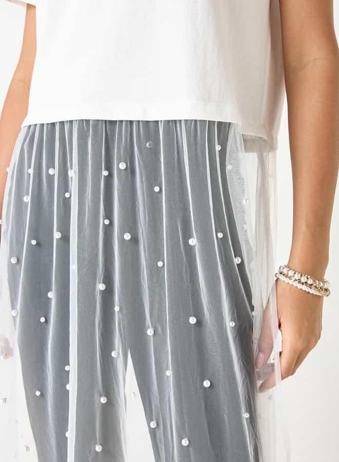 2Xtremz Pearl Embellished Crew Neck Top with Mesh Overlay - Image 4