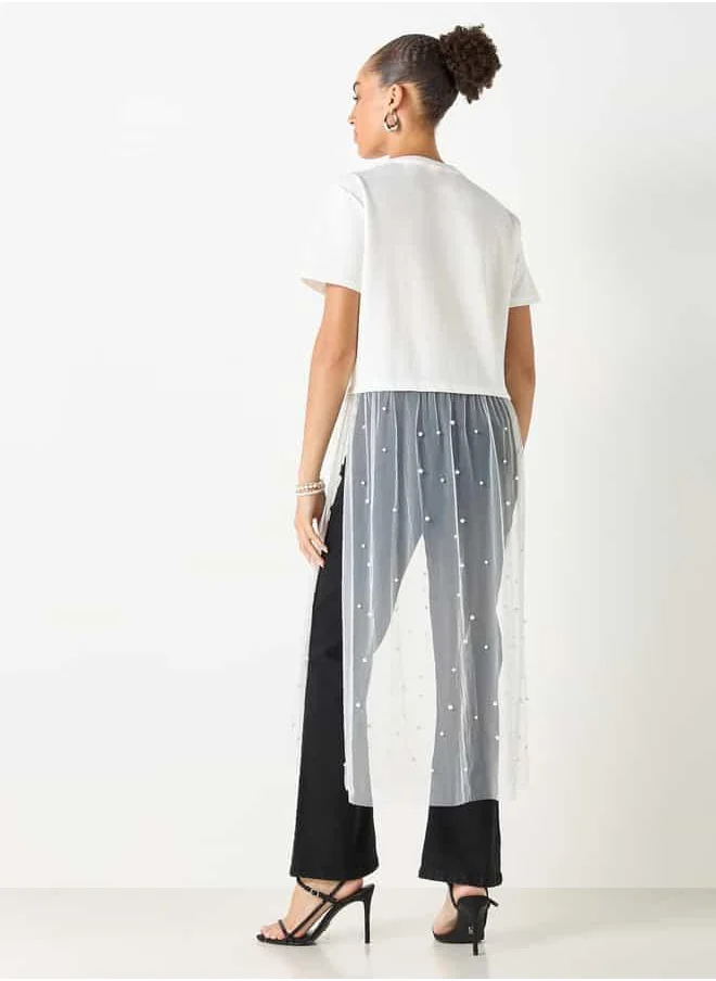 2Xtremz 2Xtremz Pearl Embellished Crew Neck Top with Mesh Overlay