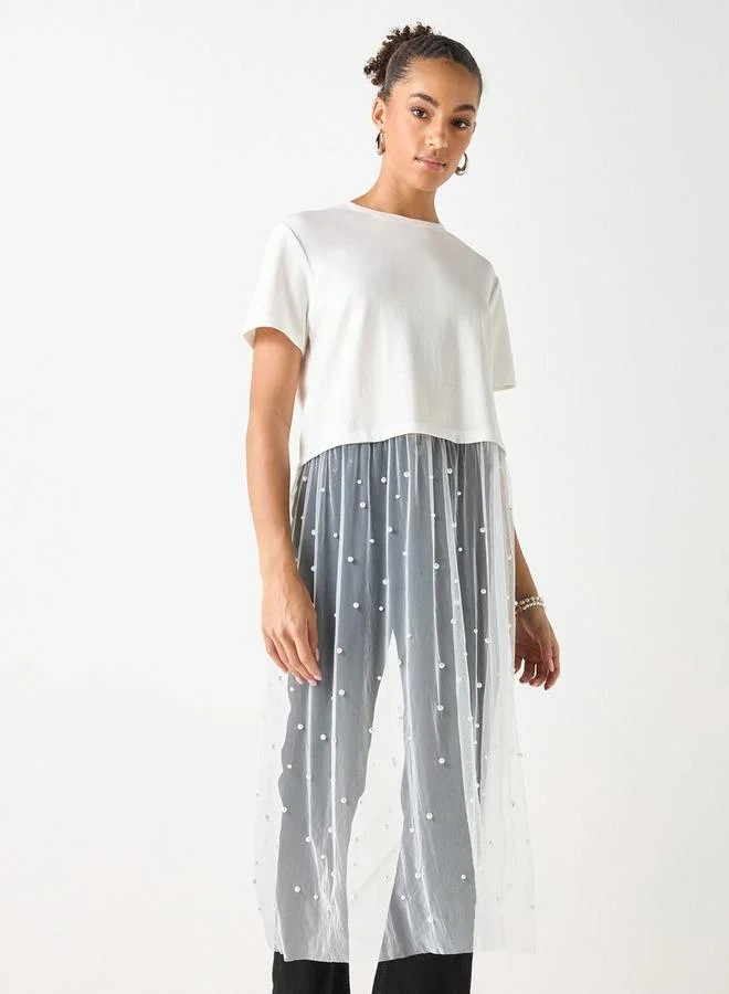 2Xtremz 2Xtremz Pearl Embellished Crew Neck Top with Mesh Overlay