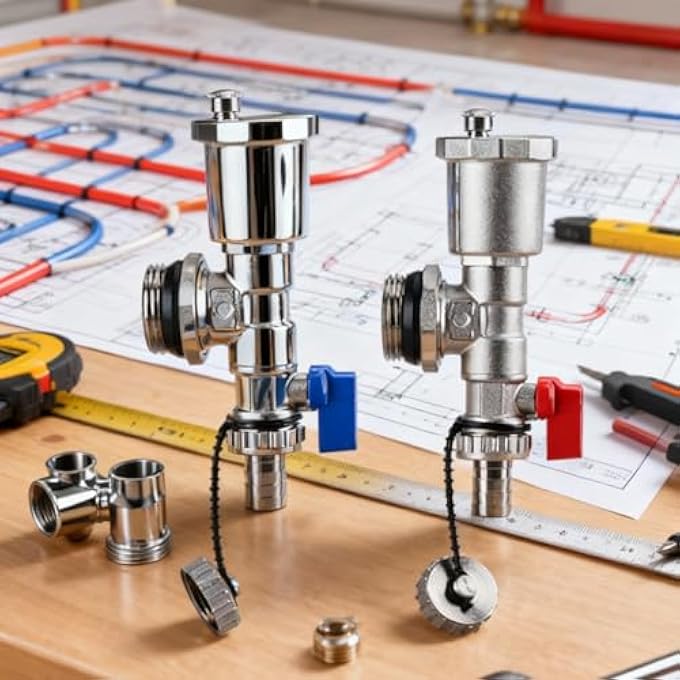 2PCS HEATING CIRCUIT DISTRIBUTOR, G1 DN25 BRASS INTEGRATED QUICK AUTOMATIC BLEEDER & DRAIN TAPS,120C MAX TEMPERATURE (RED+BLUE) - Image 3