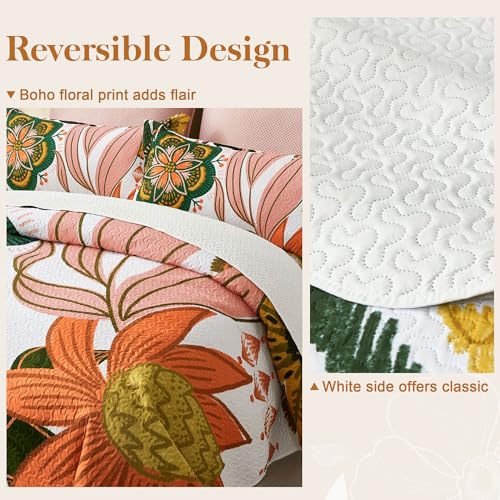 Tyrot 3 Piece Boho Floral King Size Quilt Sets Farmhouse Botanical Reversible Lightweight Bedspread Coverlet with 2 Shams Mid Century Leaves Microfiber Bedding Quilts Set for All Season, 106''x96'' - Image 3