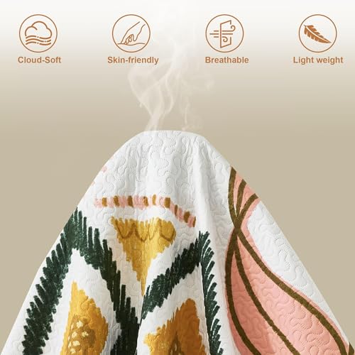 Tyrot 3 Piece Boho Floral King Size Quilt Sets Farmhouse Botanical Reversible Lightweight Bedspread Coverlet with 2 Shams Mid Century Leaves Microfiber Bedding Quilts Set for All Season, 106''x96'' - Image 5