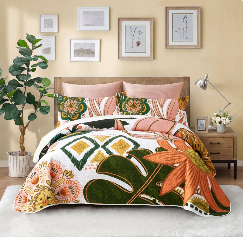 Tyrot 3 Piece Boho Floral King Size Quilt Sets Farmhouse Botanical Reversible Lightweight Bedspread Coverlet with 2 Shams Mid Century Leaves Microfiber Bedding Quilts Set for All Season, 106''x96'' - Image 1