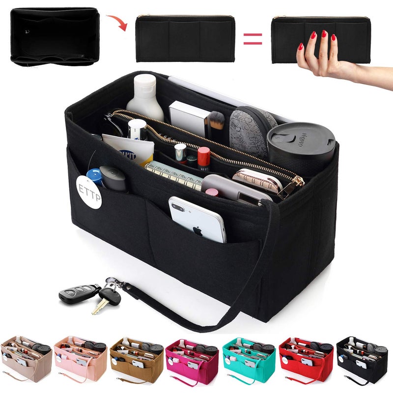 ETTP Purse Organizer Insert, Felt Tote Organizer Insert With Metal Zipper, Handbag Organizer For Speedy, Neverfull, Tote, Handbag, 7 Colors 5 Sizes (Medium Slender, Black) - Image 1