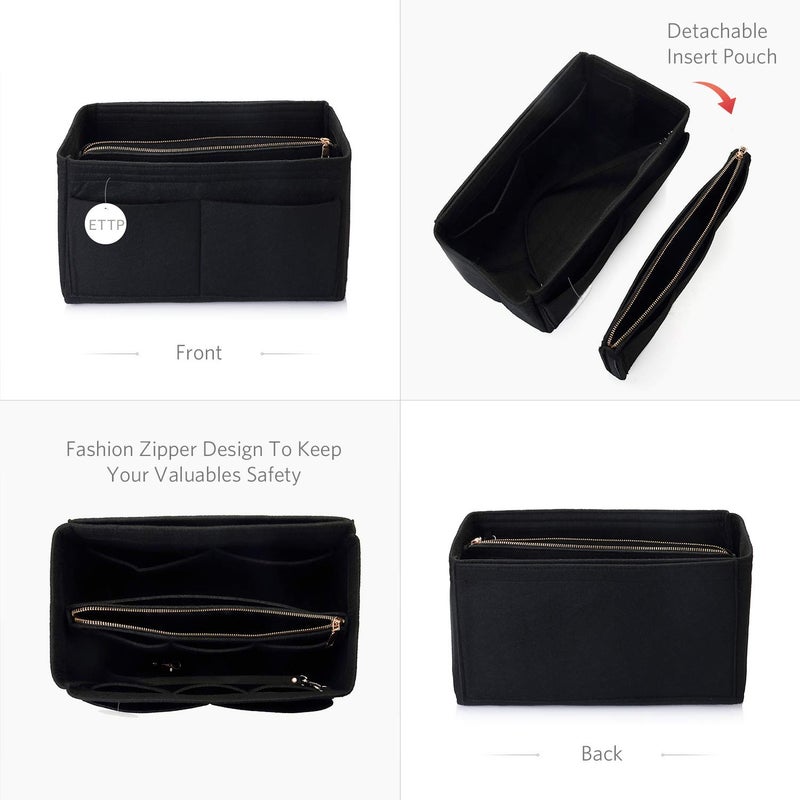 ETTP Purse Organizer Insert, Felt Tote Organizer Insert With Metal Zipper, Handbag Organizer For Speedy, Neverfull, Tote, Handbag, 7 Colors 5 Sizes (Medium Slender, Black) - Image 4