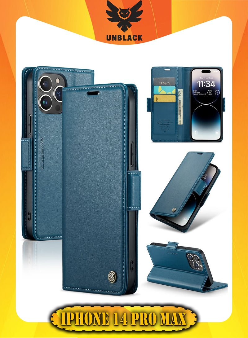 CaseMe Flip Wallet Case For Apple iPhone 14 Pro Max, [RFID Blocking] PU Leather Wallet Flip Folio Case with Card Holder Kickstand Shockproof Phone Cover (Blue) - Image 1
