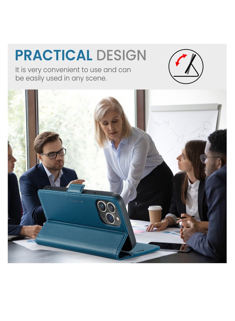 CaseMe Flip Wallet Case For Apple iPhone 14 Pro Max, [RFID Blocking] PU Leather Wallet Flip Folio Case with Card Holder Kickstand Shockproof Phone Cover (Blue) - Image 4