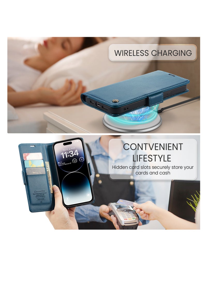 CaseMe Flip Wallet Case For Apple iPhone 14 Pro Max, [RFID Blocking] PU Leather Wallet Flip Folio Case with Card Holder Kickstand Shockproof Phone Cover (Blue) - Image 5