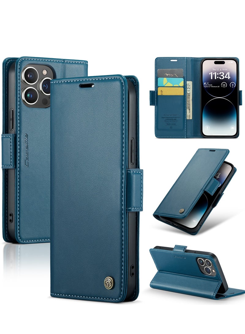 CaseMe Flip Wallet Case For Apple iPhone 14 Pro Max, [RFID Blocking] PU Leather Wallet Flip Folio Case with Card Holder Kickstand Shockproof Phone Cover (Blue) - Image 2