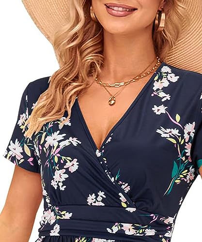 OUGES Women's Spring Dresses for Women 2025 Summer Dress Short Sleeve V-Neck Floral Short Party Dress with Pockets(Florals,L) - Image 4