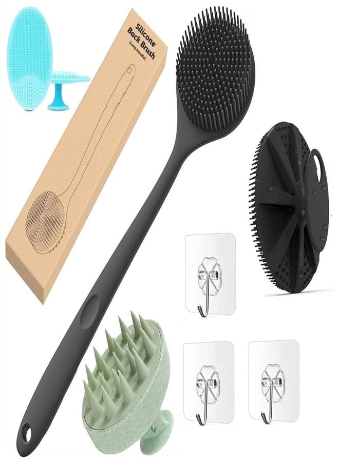 Dhimo Soft Silicone Back Scrubber Long Handle Bath Brush + Body Scrubber Bath Brush + Scalp Massager for Hair + Face Scrubber Brush, Combination Combo, Super-Exfoliating & Lathering Body Scrubber, Shower Brush | BPA-Free | for Men and Women (With A Free Hook 3-pic) - Image 1
