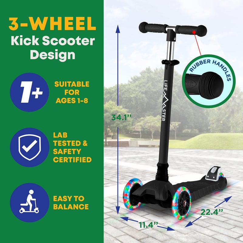 Lifemaster Kids Scooter â€“ Children and Toddler 3 Wheel Kick Scooter â€“ LED Wheel Lights Illuminate When Rollingâ€“ Adjustable Handlebar â€“ Indoor and Outdoor Black - Image 5