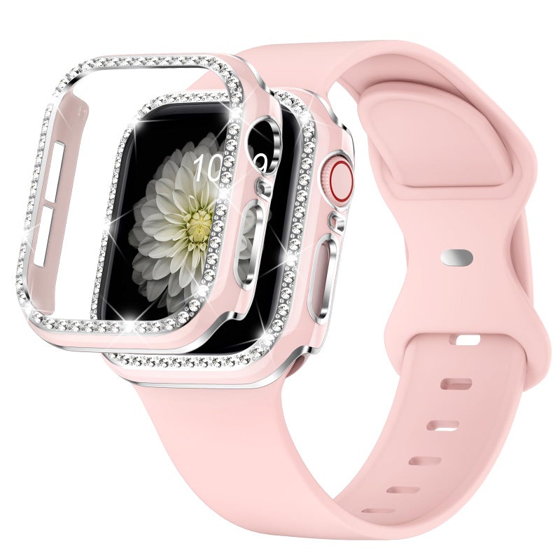 XYF Compatible for Pink Apple Watch Bands 44mm Women with Bumper Case, Soft Silicone Strap Glitter Bling Face Cover for iWatch SE Ultra 3 2 Series 11 10 9 8 7 6 5 4 3 2 1 (Pinksand, 44) - Image 1