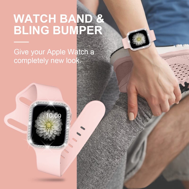 XYF Compatible for Pink Apple Watch Bands 44mm Women with Bumper Case, Soft Silicone Strap Glitter Bling Face Cover for iWatch SE Ultra 3 2 Series 11 10 9 8 7 6 5 4 3 2 1 (Pinksand, 44) - Image 4