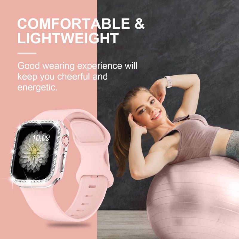 XYF Compatible for Pink Apple Watch Bands 44mm Women with Bumper Case, Soft Silicone Strap Glitter Bling Face Cover for iWatch SE Ultra 3 2 Series 11 10 9 8 7 6 5 4 3 2 1 (Pinksand, 44) - Image 5