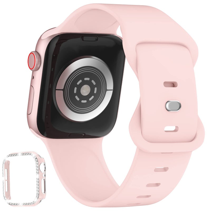 XYF Compatible for Pink Apple Watch Bands 44mm Women with Bumper Case, Soft Silicone Strap Glitter Bling Face Cover for iWatch SE Ultra 3 2 Series 11 10 9 8 7 6 5 4 3 2 1 (Pinksand, 44) - Image 2