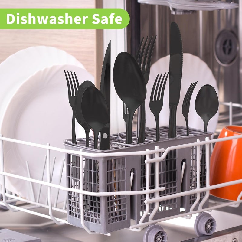 Homewarm طقم أدوات مائدة من 24 قطعة باللون الأسود مع سكاكين ستيك، طقم أدوات مائدة من الفولاذ المقاوم للصدأ لـ 4 أشخاص، طقم ملاعق وشوك وسكاكين، طقم أدوات بلمسة مرآة آمنة للغسل في غسالة الصحون للاستخدام المنزلي والمطاعم - Image 5
