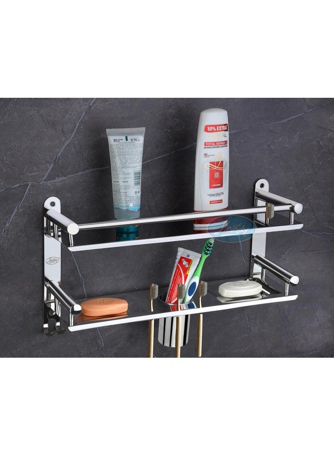 HANDY Bathroom Accessories Stainless Steel Bathroom Shelf with Double Soap Dish | Toothbrush Holder and Hook Multipurpose Bathroom Shelves Organizer 16 x 5X 9 inch - Image 1