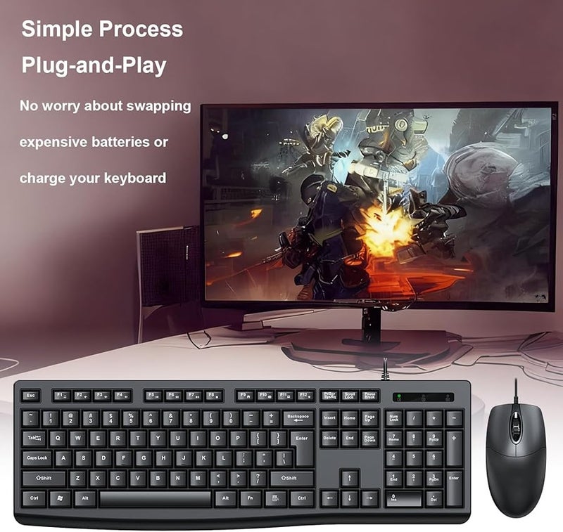 Vbestlife Wired Keyboard and Mouse Combo Full Size Ergonomic PC Laptop Black - Image 3
