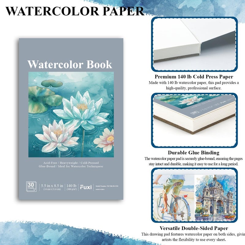 Fuxi Small Watercolor Sketchbook, 2-Pack - 5.5" x 8.5" | 140lb/300gsm Cold Press Watercolor Paper, 30 Sheets Per Pad. - Image 4