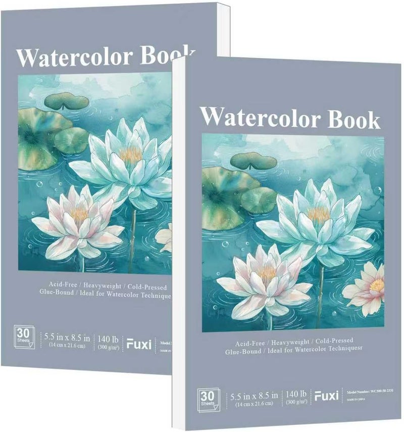 Fuxi Small Watercolor Sketchbook, 2-Pack - 5.5" x 8.5" | 140lb/300gsm Cold Press Watercolor Paper, 30 Sheets Per Pad. - Image 1