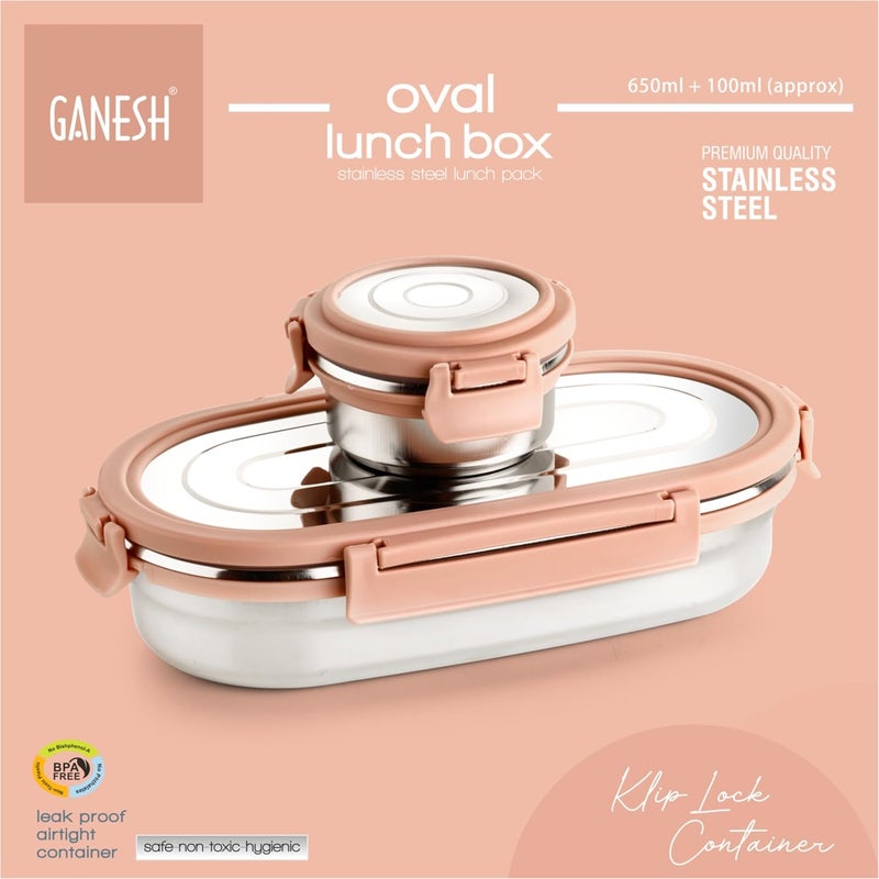 Ganesh Oval Lunch Box Steel with 4 Side Lock Lid, 650 ml and Inner Stainless Steel Container, 100 ml Easy to Carry (Mulitcolor) - Image 2