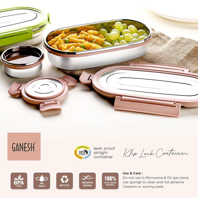 Ganesh Oval Lunch Box Steel with 4 Side Lock Lid, 650 ml and Inner Stainless Steel Container, 100 ml Easy to Carry (Mulitcolor) - Image 4