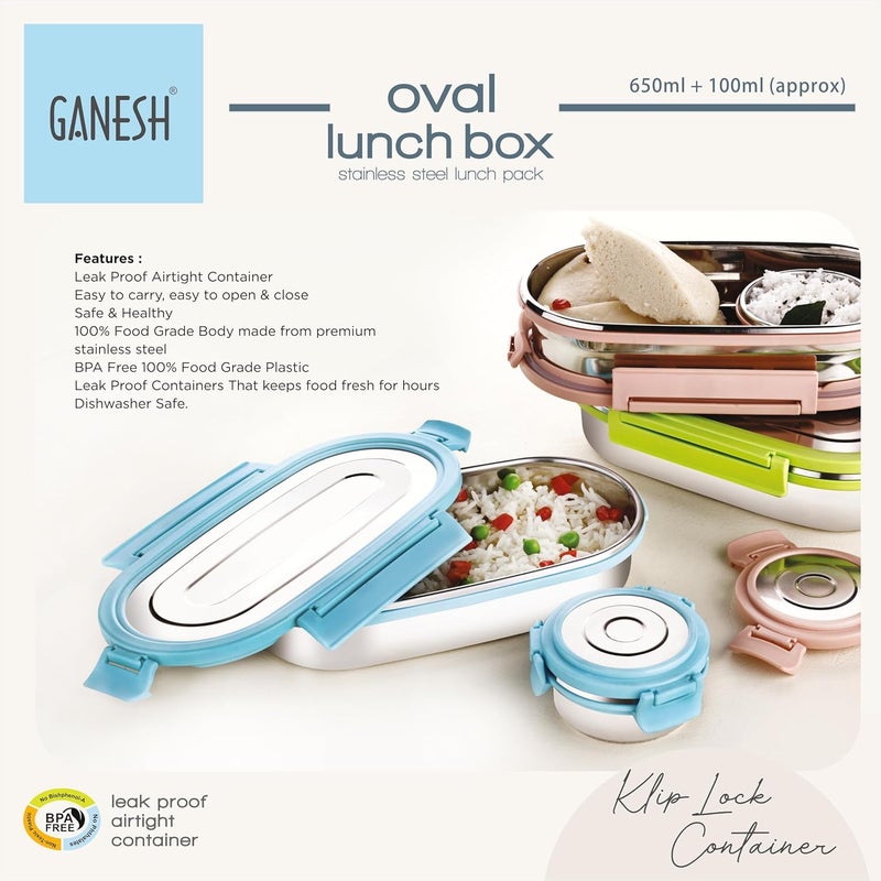 Ganesh Oval Lunch Box Steel with 4 Side Lock Lid, 650 ml and Inner Stainless Steel Container, 100 ml Easy to Carry (Mulitcolor) - Image 5