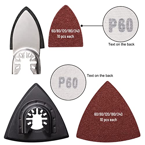 towbluii 105PCS Oscillating Tool Detail Sanding Pads Kit, 3Pcs Triangle and 2Pcs Finger Sanding Pad, 100Pcs Multitool Sandpaper, Grit Fit for Finishing Wood Sanding Plaster - Image 2
