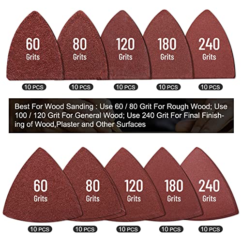 towbluii 105PCS Oscillating Tool Detail Sanding Pads Kit, 3Pcs Triangle and 2Pcs Finger Sanding Pad, 100Pcs Multitool Sandpaper, Grit Fit for Finishing Wood Sanding Plaster - Image 5
