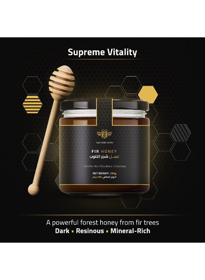 DW Power Fir Honey 250g – A rich, dark amber German raw honey sourced from deep fir forests, offering woody notes, a resinous aroma, and naturally nourishing qualities. - Image 5