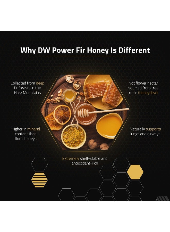 DW Power Fir Honey 250g – A rich, dark amber German raw honey sourced from deep fir forests, offering woody notes, a resinous aroma, and naturally nourishing qualities. - Image 3