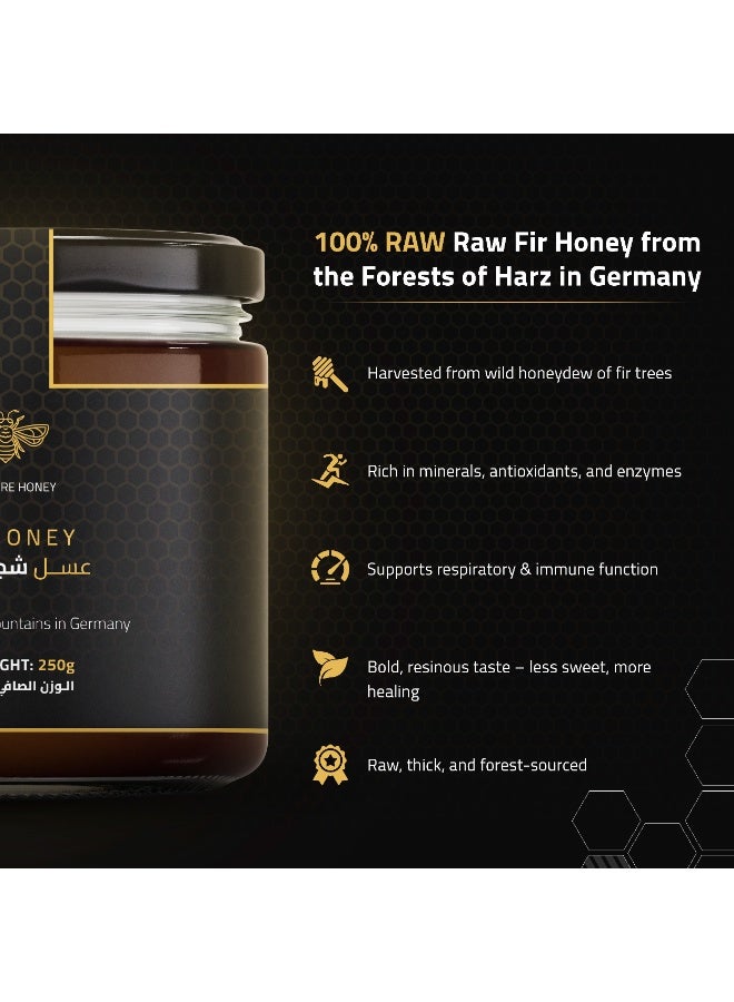 DW Power Fir Honey 250g – A rich, dark amber German raw honey sourced from deep fir forests, offering woody notes, a resinous aroma, and naturally nourishing qualities. - Image 2