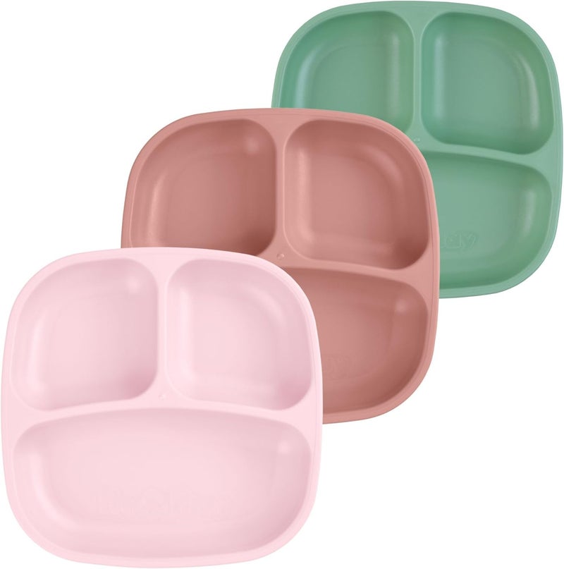 Replay Re Play 7" Divided Toddler 3 Pack Plates with Deep Sides and Three Compartments for Easy Self Feeding | BPA Free | Dishwasher Safe | Blossom - Image 1