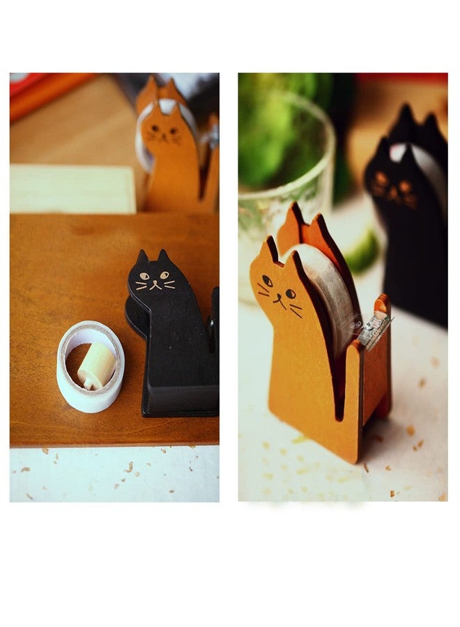 Hibucuo Tape Dispenser, Cute Cat Tape Dispenser, Vintage Wooden Kitty Tape Cutter with 1 Roll Tape for Home Office Desktop Accessory for Students Girls Boys - Image 2