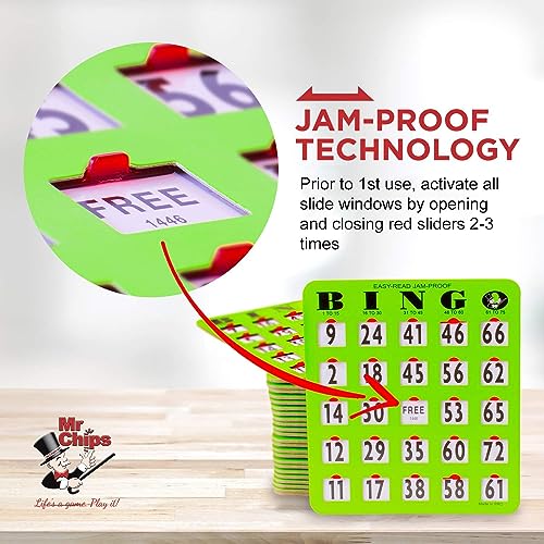 MR CHIPS JamProof EasyRead Large Print Fingertip Bingo Cards with Sliding Windows 50 Pack in Green Style - Image 5