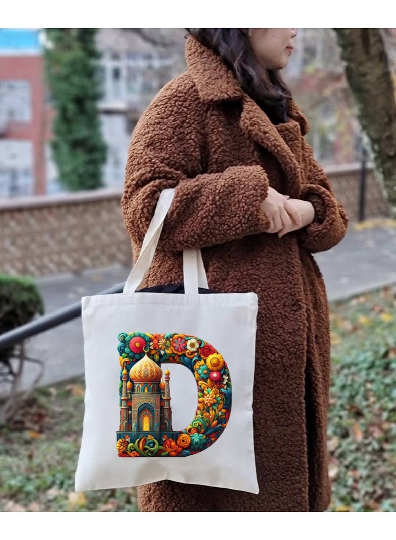 PRINTSHOP4ME Initial Monogram Tote Bag - Cotton Tote with Initial Design Printed - Perfect for School, Travel and Birthday Gift - Eco-Friendly Canvas Cotton Tote Bag for Women - Gift for Ramadan - Image 5