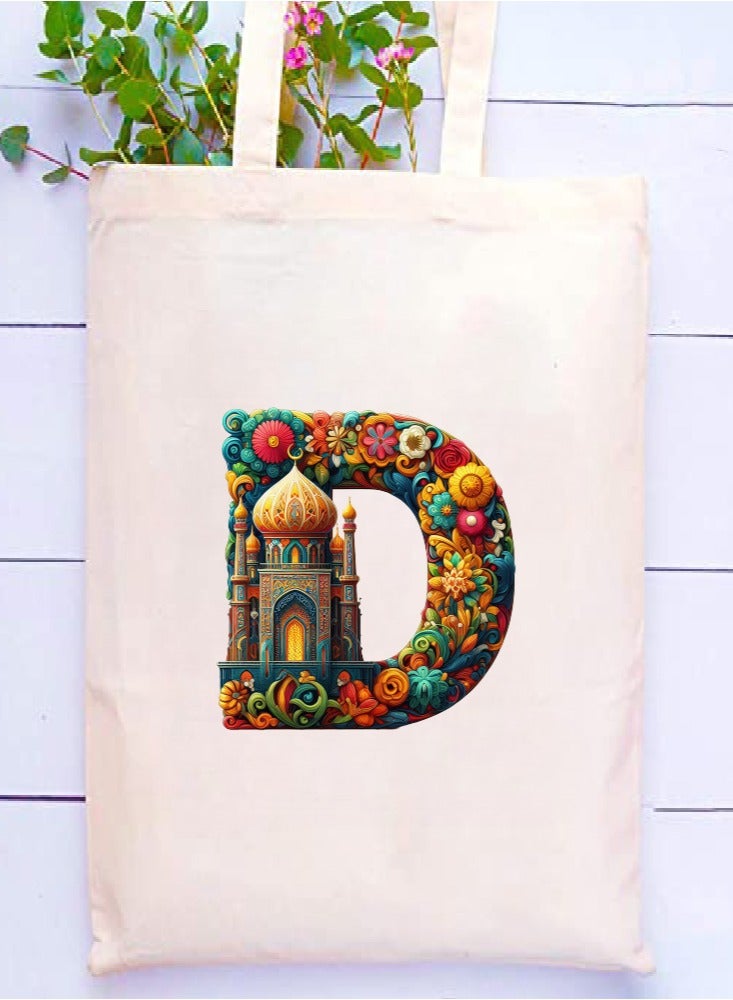 PRINTSHOP4ME Initial Monogram Tote Bag - Cotton Tote with Initial Design Printed - Perfect for School, Travel and Birthday Gift - Eco-Friendly Canvas Cotton Tote Bag for Women - Gift for Ramadan - Image 2