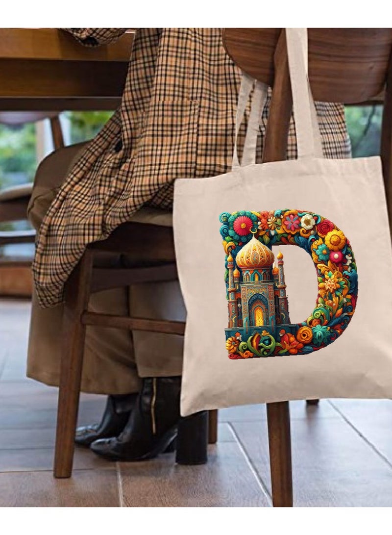 PRINTSHOP4ME Initial Monogram Tote Bag - Cotton Tote with Initial Design Printed - Perfect for School, Travel and Birthday Gift - Eco-Friendly Canvas Cotton Tote Bag for Women - Gift for Ramadan - Image 3