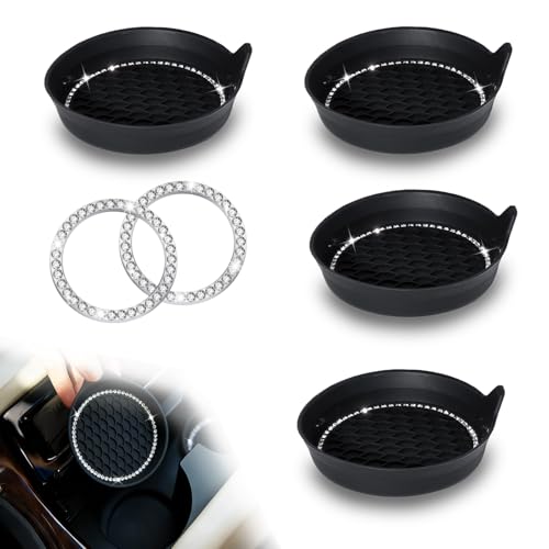 EKUWU Bling Car Cup Holder Coaster AntiSlip Rhinestone Cup Holder Insert 4 Pack with Push Start Button Ring 2 Pack Shiny Diamond Car Interior Accessories Universal for Most Vehicle Black - Image 1