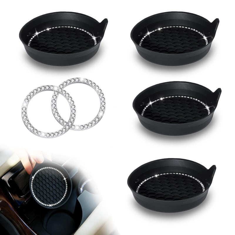EKUWU Bling Car Cup Holder Coaster AntiSlip Rhinestone Cup Holder Insert 4 Pack with Push Start Button Ring 2 Pack Shiny Diamond Car Interior Accessories Universal for Most Vehicle Black - Image 3
