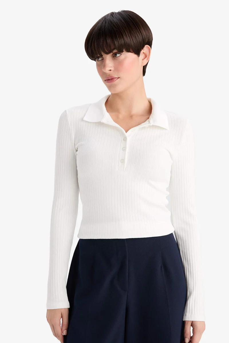 ديفاكتو Slim Fit Polo Collar Basic Camisole Long Sleeve T-Shirt