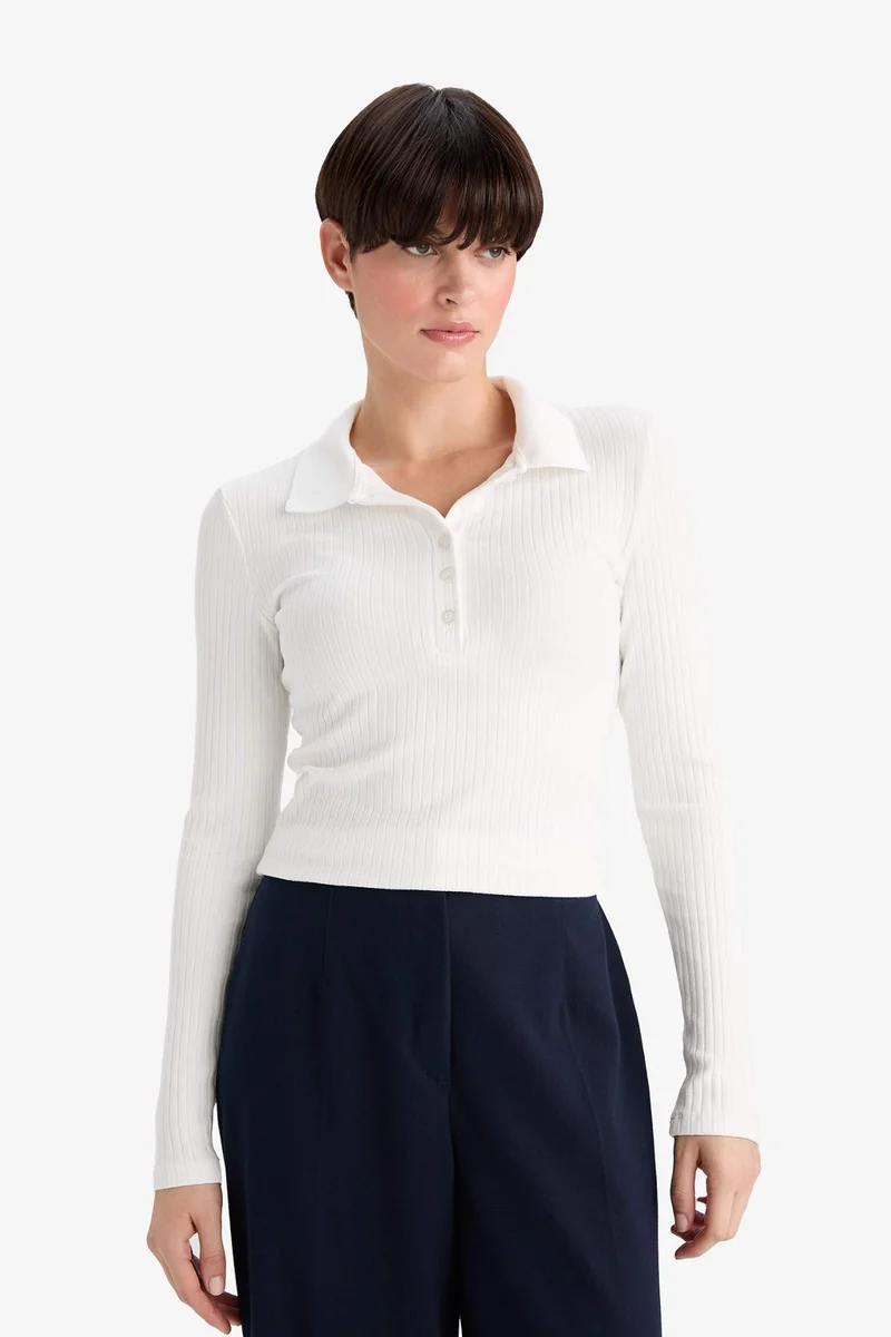 ديفاكتو Slim Fit Polo Collar Basic Camisole Long Sleeve T-Shirt