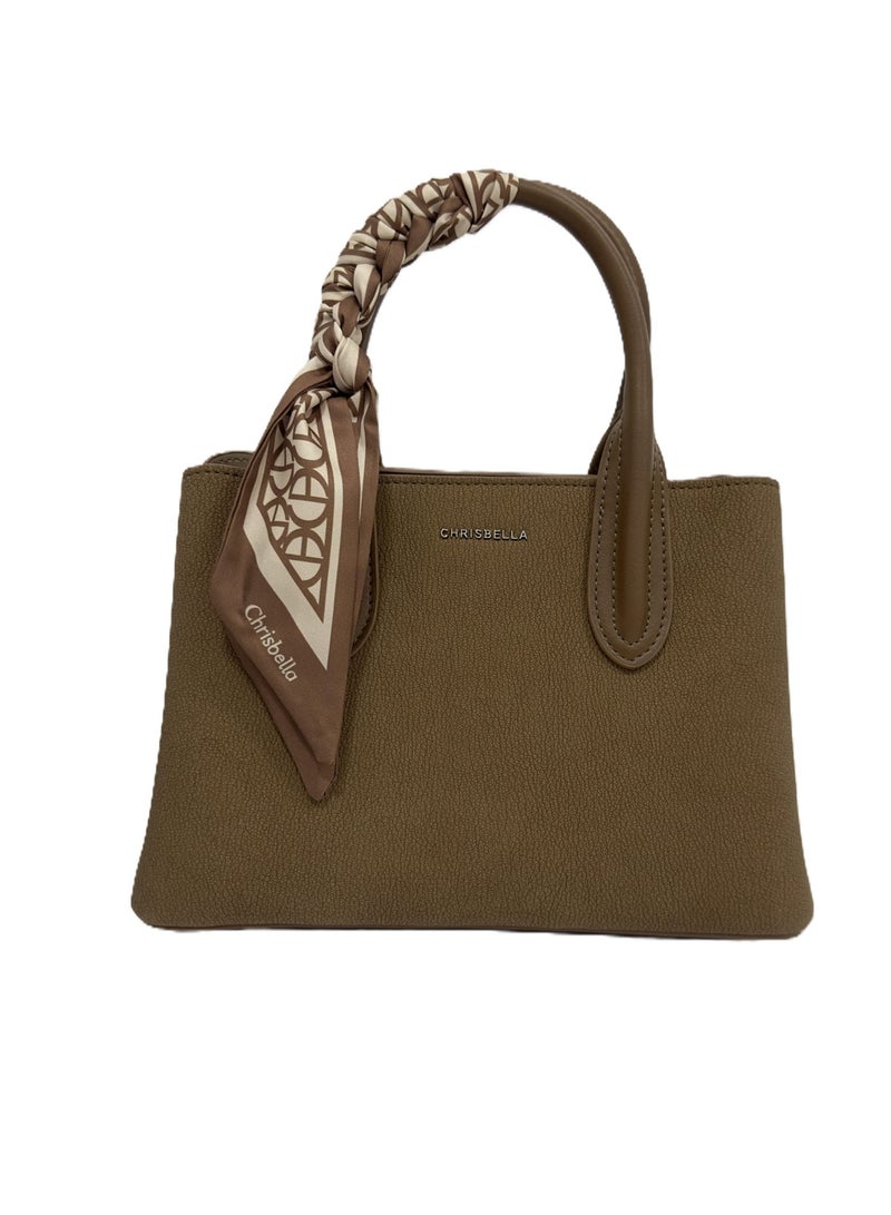 Chrisbella Leather Handbag Small (Size:L26*W11*H18 cm) with Detachable Strap and mini Wallet. Colour: Camel Brown. - Image 2