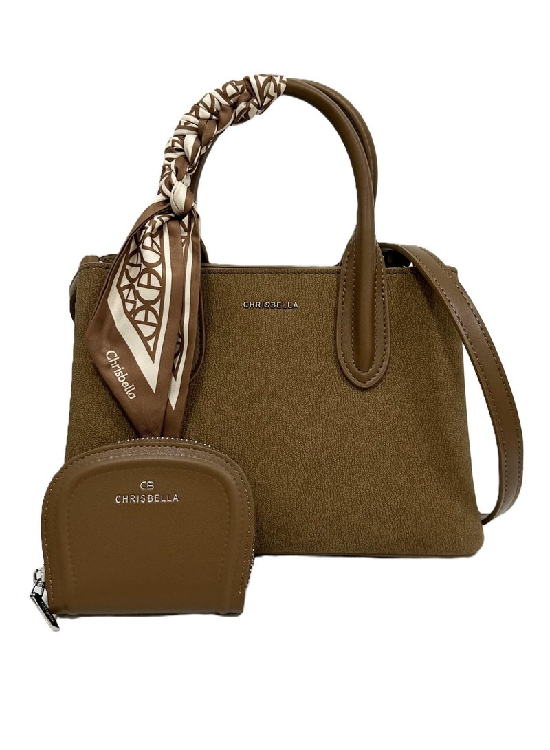 Chrisbella Leather Handbag Small (Size:L26*W11*H18 cm) with Detachable Strap and mini Wallet. Colour: Camel Brown. - Image 1