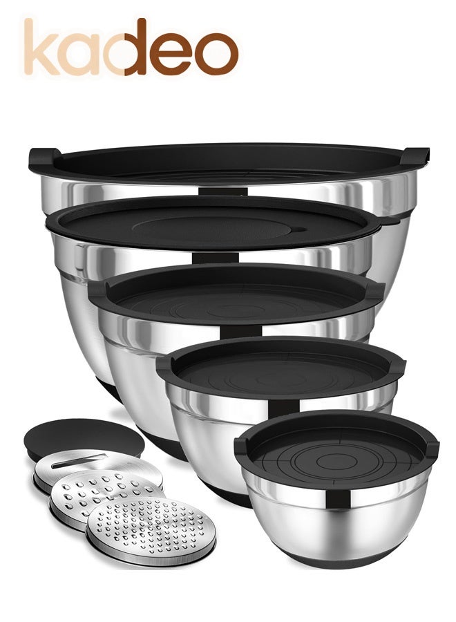 kadeo 8PCS Stainless Steel Mixing Bowls Set with Airtight Lids, Non-Slip Silicone Base and 3 Grater Attachments, Nesting Kitchen Prep Bowls for Mixing, Serving, Food Storage and Baking - Image 1