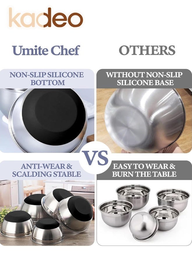 kadeo 8PCS Stainless Steel Mixing Bowls Set with Airtight Lids, Non-Slip Silicone Base and 3 Grater Attachments, Nesting Kitchen Prep Bowls for Mixing, Serving, Food Storage and Baking - Image 2